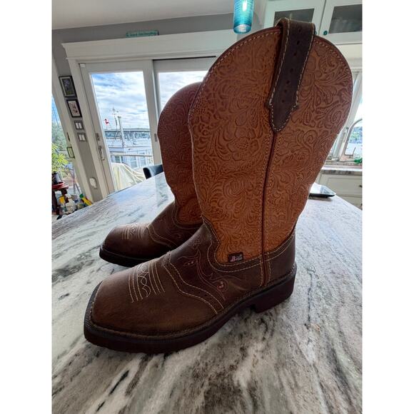 Justin Gy9530 Men’s Western Size 10B Brown Embossed Leather Pull On Cowboy Boots main image 5